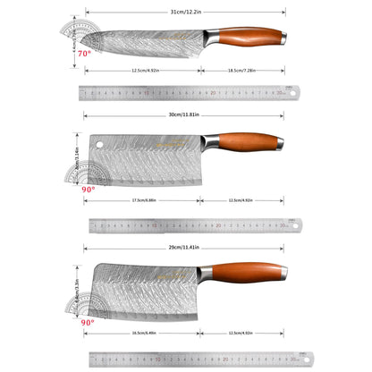 Conjunto de 3 Facas Profissionais de Cozinha Japonesa - Faca do Chef, Faca Multiuso, Cutelo de Carne, Faca para Desossar, Padrão de Aço Damasco