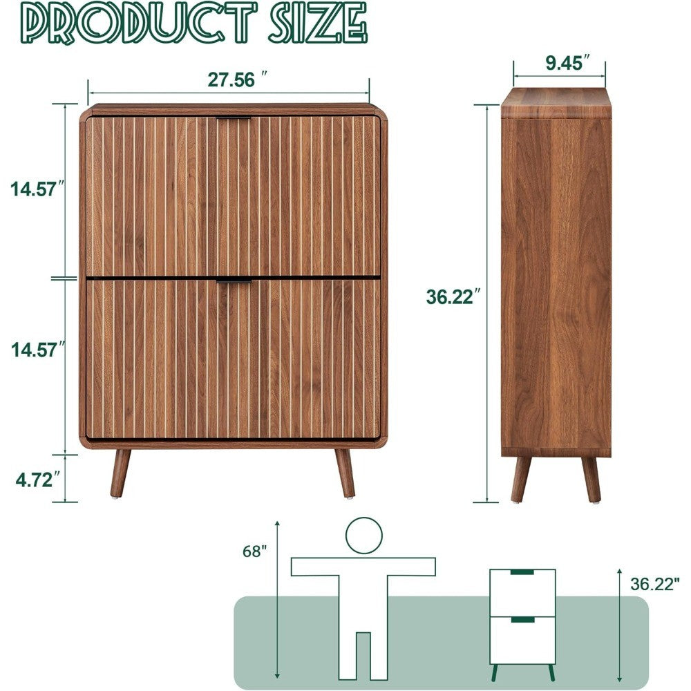 Slim Walnut Shoe Cabinet with Fluted Design and Dual Flip Drawers for Entryway Storage