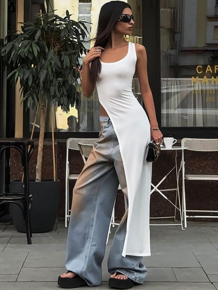 2025 Sexy Sleeveless Side High Split Dress Solid Backless Women Midi Dresses Sum