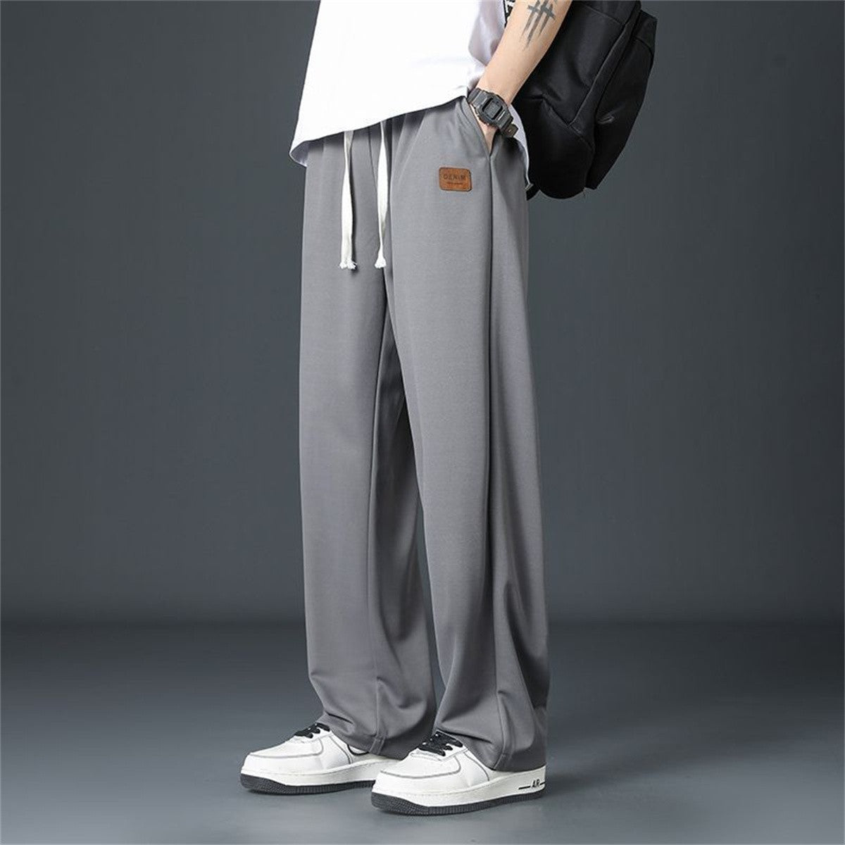 Calça Reta Preta Masculina, Calça Casual de Verão de Perna Larga Harajuku Estudantil, Calça de Rua, Moletom Cinza Descolado