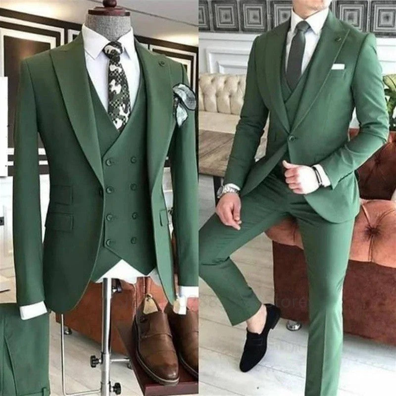 3 PiecesGroom Wear  Green Men Suits 2023 Slim Fit Peak Lapel One Button Wedding Tuxedo Terno Masculino (Jacket+Pants+Vest+Tie?