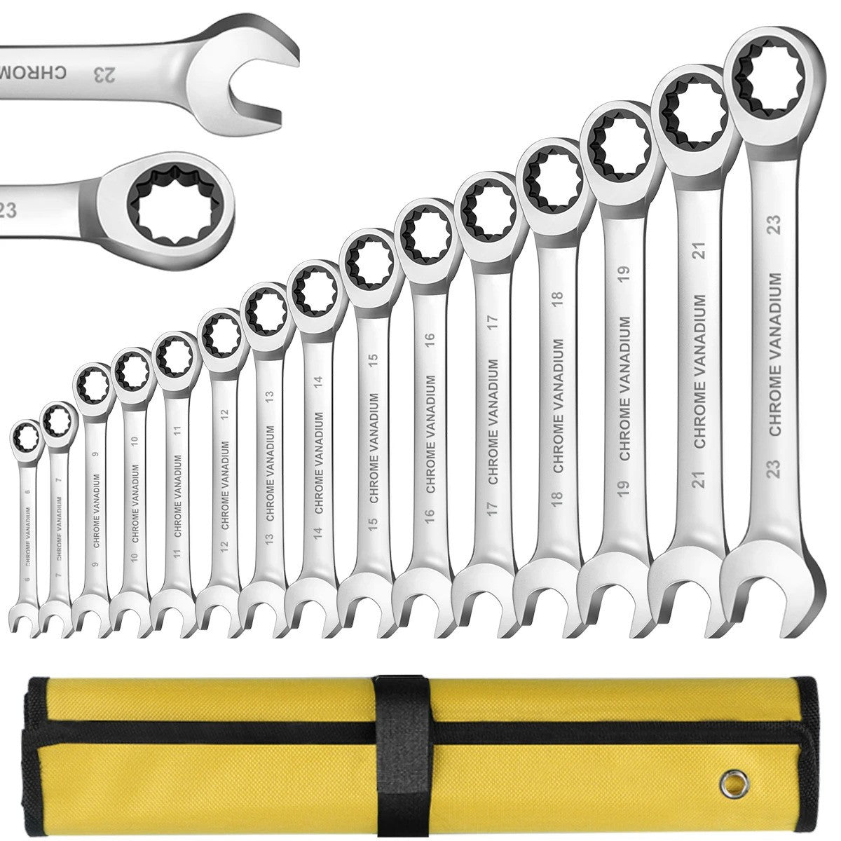 Conjunto de Chaves Combinadas Catraca WEELEE, Chaves para Reparo Automotivo Métricas 6-19mm, com Bolsas de Pano Enroláveis