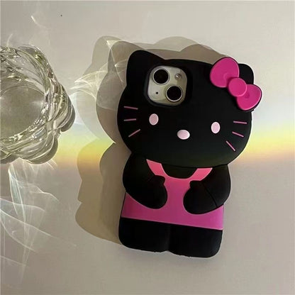 Capa de Silicone 3D Gato com Laço para iPhone 17 Pro Max 16 15 14 Plus 13 Mini 12 11 7 8 4 4S 5 5S X XR SE