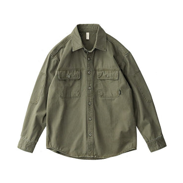 2025 Spring New American Retro Heavyweight Woven Cargo Shirt Men's Simple 100% Cotton Washed Double Pocket Blousers Loose Caot