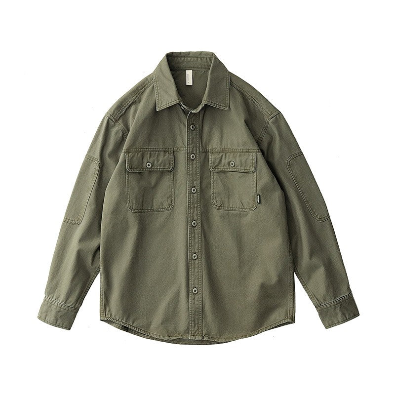 2025 Spring New American Retro Heavyweight Woven Cargo Shirt Men's Simple 100% Cotton Washed Double Pocket Blousers Loose Caot