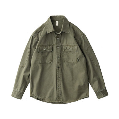 2025 Spring New American Retro Heavyweight Woven Cargo Shirt Men's Simple 100% Cotton Washed Double Pocket Blousers Loose Caot