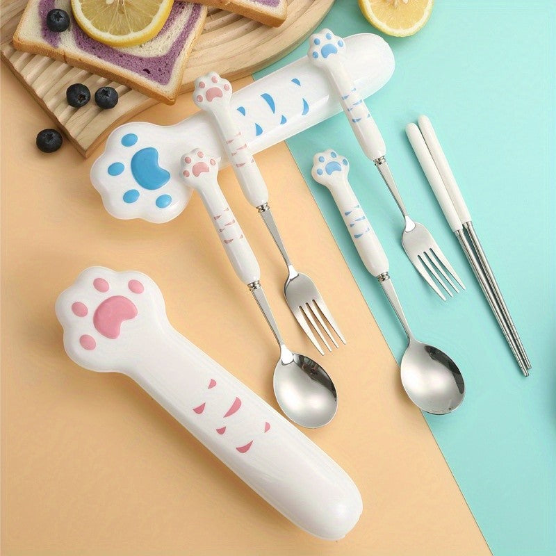 Conjunto de Talheres de Pata de Gato Fofo Garfo e Colher de Aço Inoxidável com Caixa de Armazenamento Louça Talheres Talheres Portáteis para Almoço