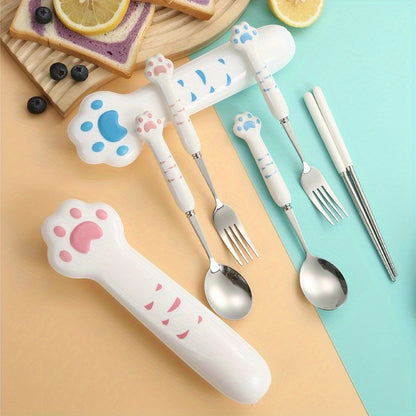 Conjunto de Talheres de Pata de Gato Fofo Garfo e Colher de Aço Inoxidável com Caixa de Armazenamento Louça Talheres Talheres Portáteis para Almoço