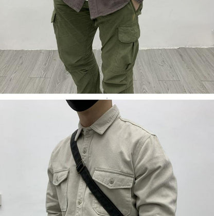 May Khaki heavy cargo double-pocket shirt men's cotton wash wool long-sleeved Japanese vintage loose coat