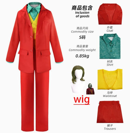 Joker Cosplay Costume Set - Joaquin Phoenix Arthur Fleck Clown Red Dipped Outfit with Green Wig - Personalized Uniform Ensemble