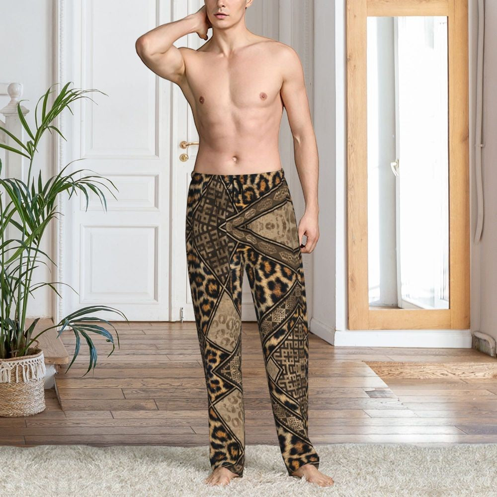Custom Leopard Print Pajama Pants Men's Animal Skin Sleepwear Lounge Sleep Bottoms Stretch with Pockets