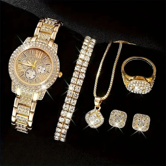 Luxurious ladies' quartz watch and jewelry set with intricate engravings, a birthday gift, and an elegant outfit for a party.