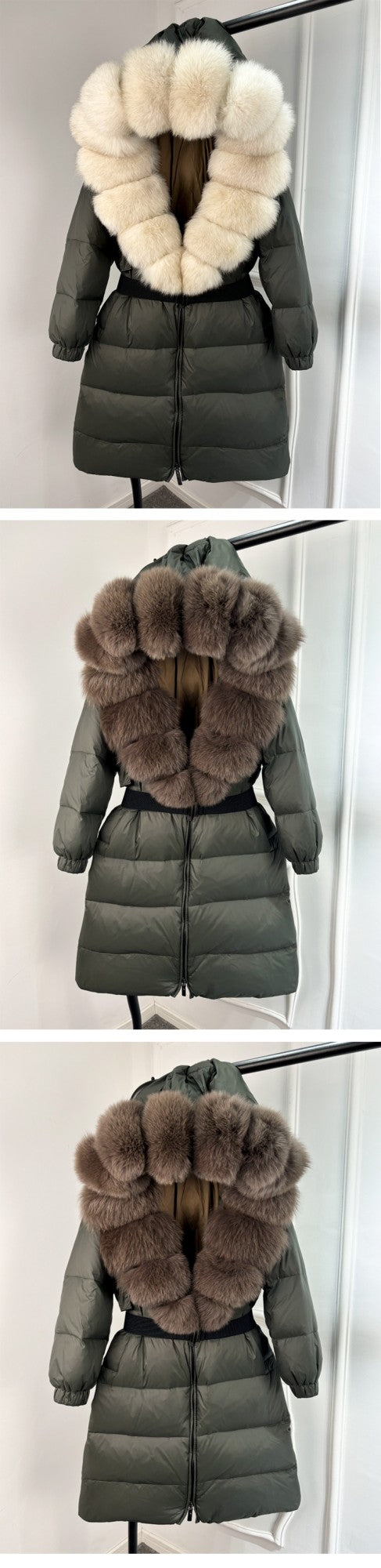 Janveny New Natural Thick Warm 90% White Duck Down Coat Long Winter Jacket Women Real Big Fox Fur Collar Belt Loose Puffer Parka