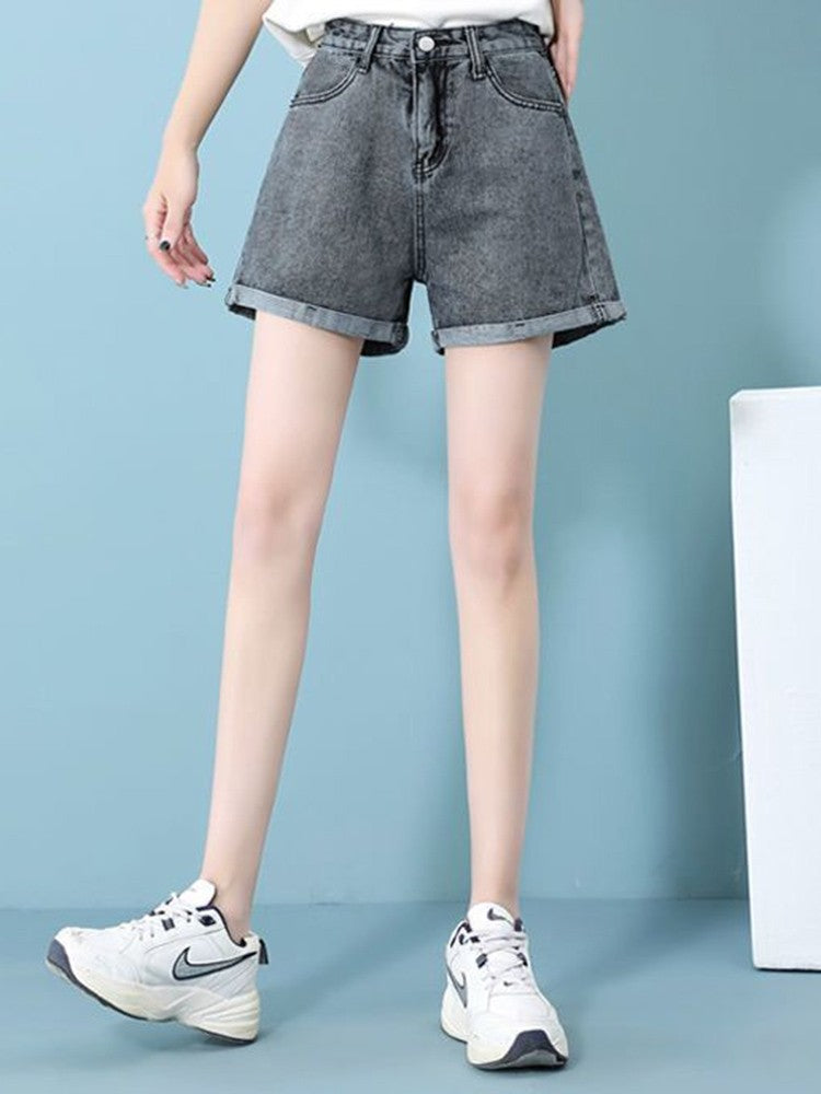 Summer 2024 New Women Rolled Edge Hot Denim Shorts Lady Korean Mini Pants Girls Elastic Blue Black Black Gray A Line Short Jeans