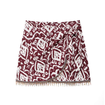 Zevity Women Fashion Totem Print Colorful Beading Tassel Mini Sarong Skirt Faldas Mujer Female Chic Back Zipper Vestidos QUN9282