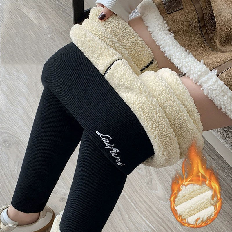 220g/350g Women High Waist Warm Thicken Tights Winter  Embroidery Solid Casual Fleece Pants Comfortable Versatile Points Pants