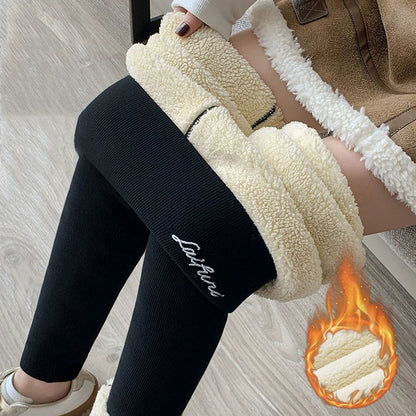 220g/350g Women High Waist Warm Thicken Tights Winter  Embroidery Solid Casual Fleece Pants Comfortable Versatile Points Pants