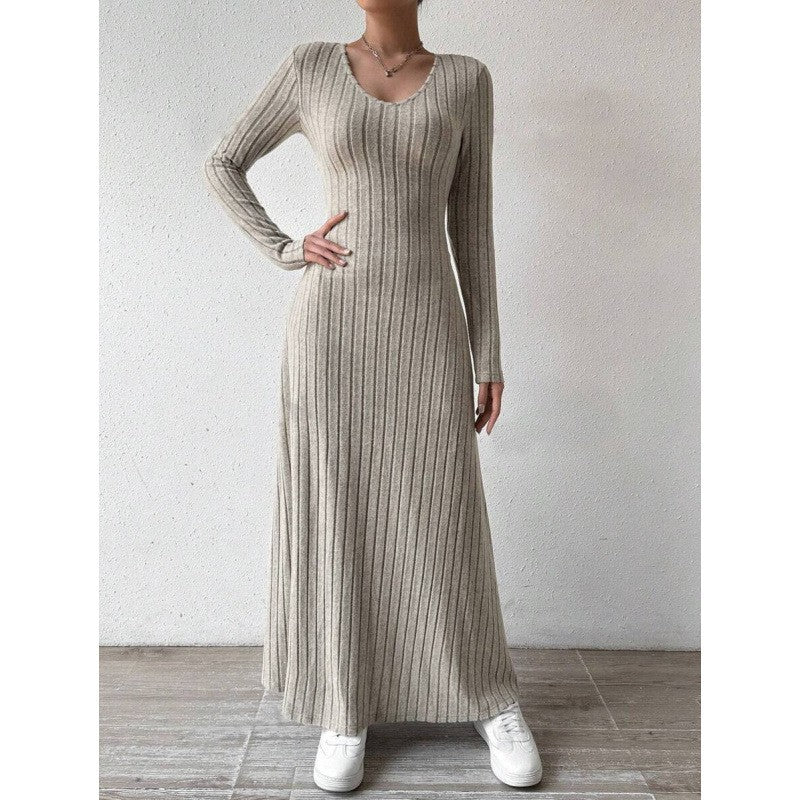 2025 Fashionable Knitted Long Sleeve A- Line Streetwear Dress For Women Smooths And Slims Your Silhouette Solid Color Long Dress