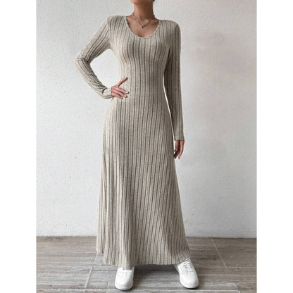 2025 Fashionable Knitted Long Sleeve A- Line Streetwear Dress For Women Smooths And Slims Your Silhouette Solid Color Long Dress