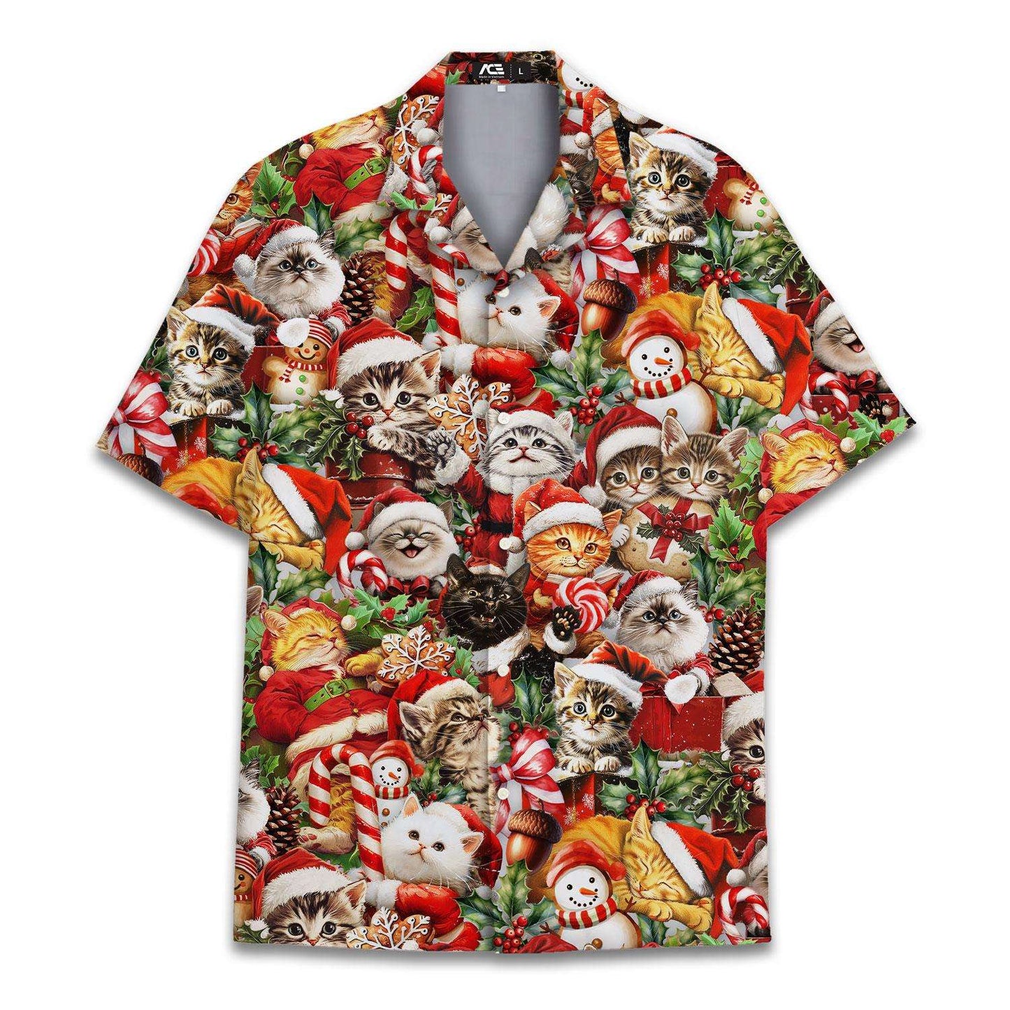 Christmas Hat Animal Graphic Blouse Santa Hawaiian Shirt Men Women Youth, Funny Raccoon Cat Shirts Holiday Aloha Xmas Outfit