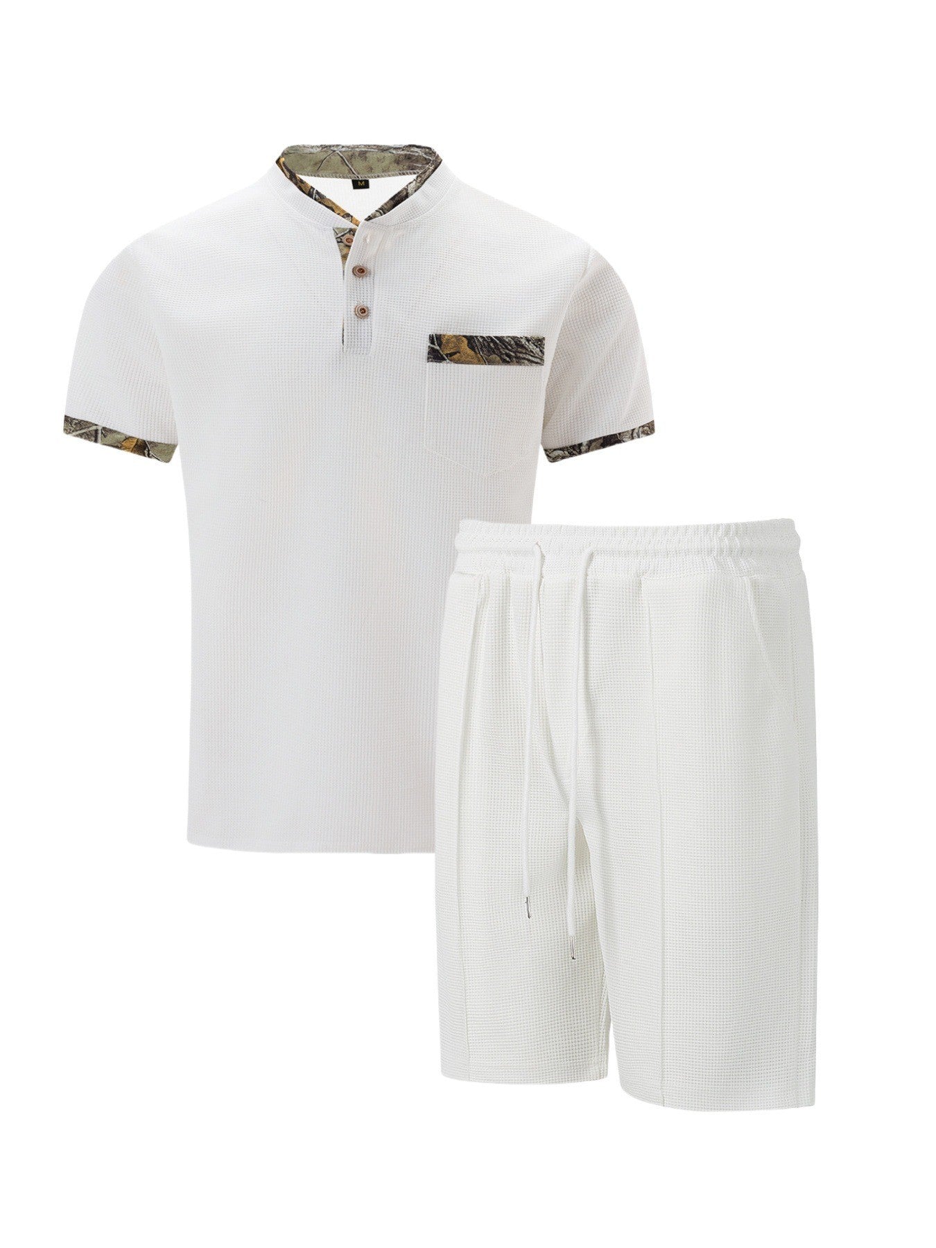 2025 Men Europe and the United States new summer Waffle solid color zip-up lapel short-sleeve suit shorts two sets