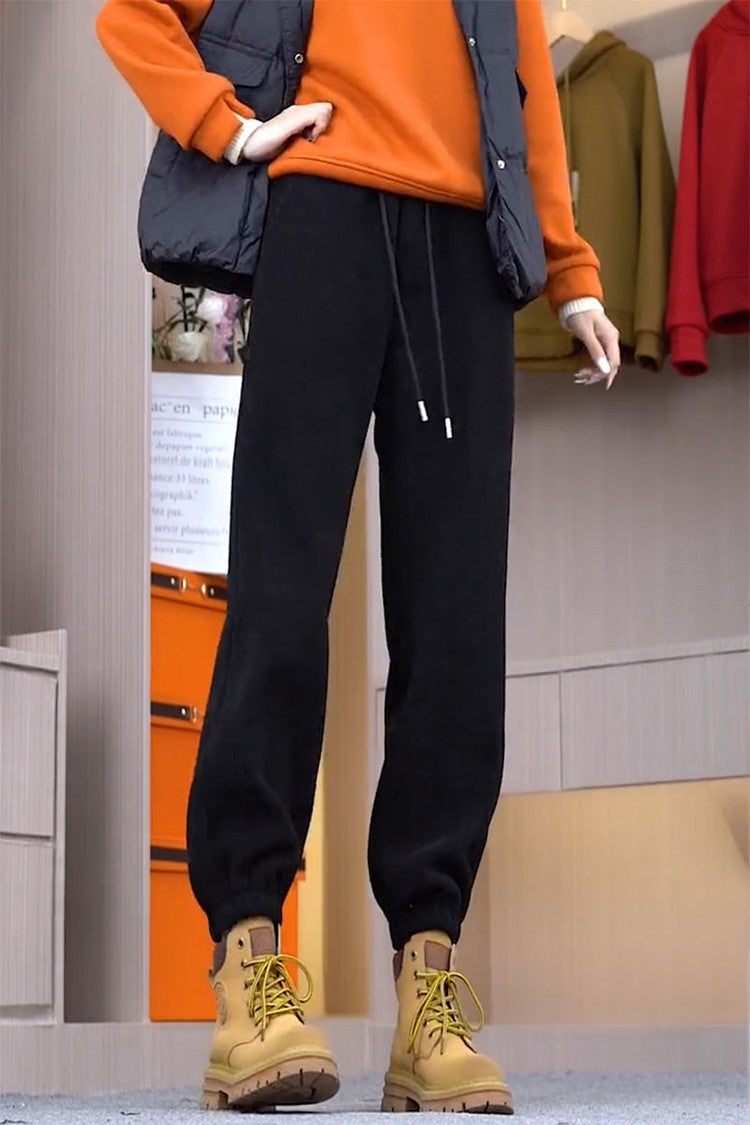 Solid Casual Thicken Women Corduroy Pants Lamb Fleece Padded Cashmere Warm Sweatpants Female Elastic Waist Soft Fur Trousers