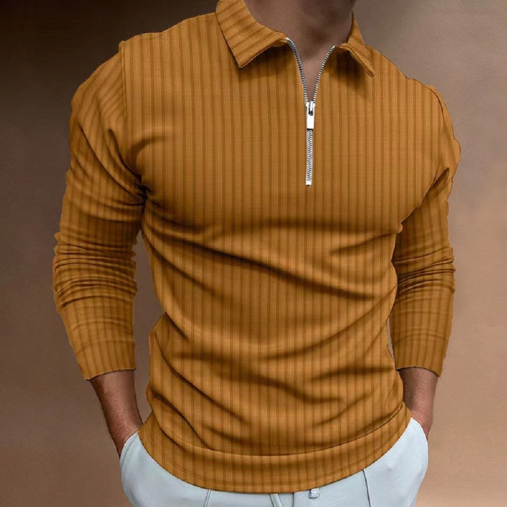 2024 New Men's Autumn And Winter Solid Color Lapel Leisure Sports Polo Shirt Zipper Striped Long Sleeve High Elasticity