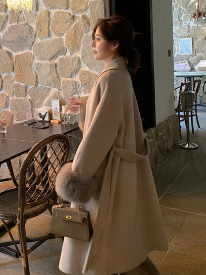 [EWQ] Wool Fox Fur Sleeve Women Coat Elegant Clothing Autumn 2025 Winter Double-sided Jacket Big Size Wine Red Overcoats 16O2751