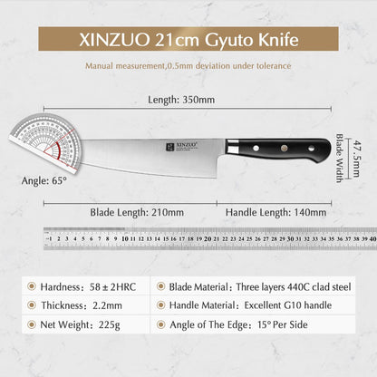 XINZUO 210mm Chef Knife 3 Layer 440C Core Clad Steel Kitchen Knives Stainless Steel Sharp Butchers Gyutou Knife with G10 Handle