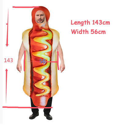 Adult Funny 3D Print Hot Dog Costume Halloween Food Sausage Pizza Burger French Fries Cosplay One-Piece Costume Party Jumpsuit