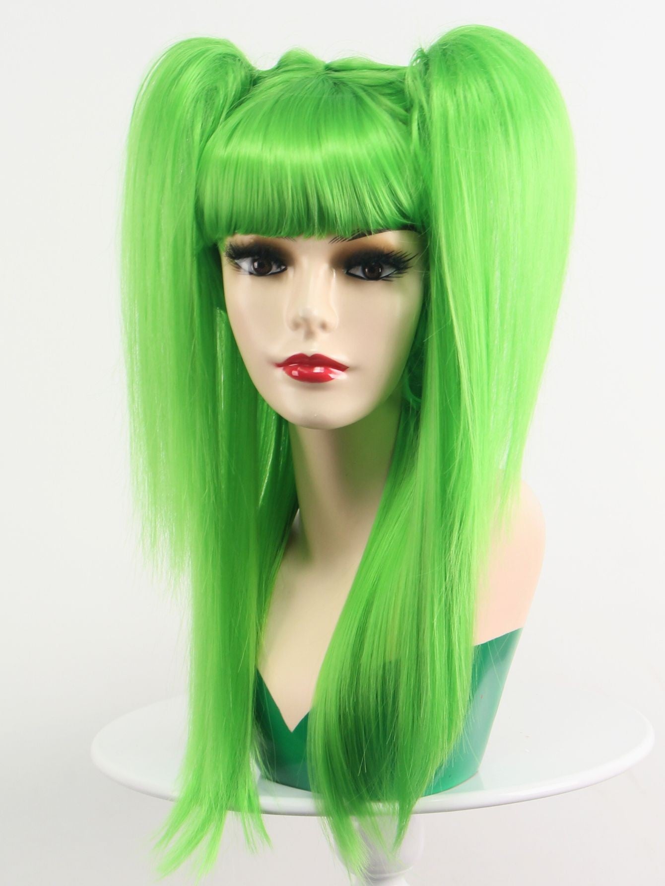 Peruca Sintética Longa Verde Flexível com Duas Maria Chiquinhas Anime Acessório de Cosplay de Natal de Alta Qualidade