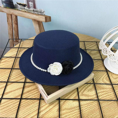 Chapéu Fedora Feminino Corrente Floral Alta Costura com Alfinetes de Pérola Boné em Relevo Preto Branco Outono Inverno Chapéu de Aba Larga para Meninas