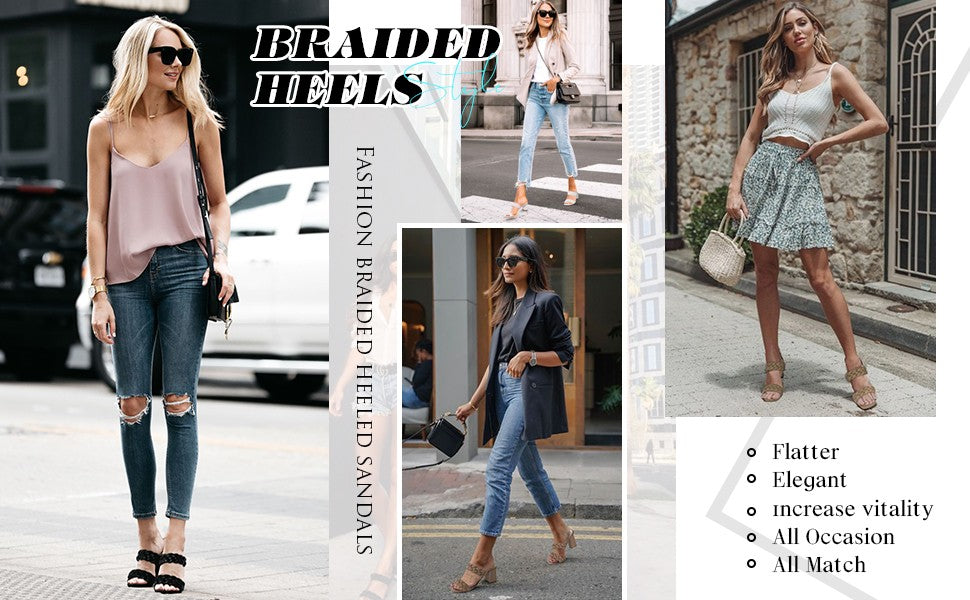 Elegant Women's Braided Heels Sandalias Fashion Strappy Square Sandals Open Toe Backless Mules Slip On Block Heeled Shoes