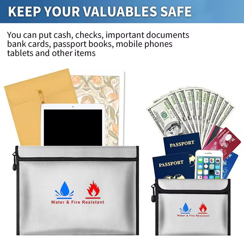 FZCSPEED Fireproof & Waterproof Bag, File Storage Bag with Zipper for Certificates, Money, Cards(black,silver)
