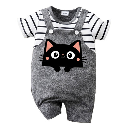 IURNXB Newborn Baby Romper Summer Cat Printed Short Sleeve Stripe Jumpsuit Infant One Piece Outfit for Boys Girls Unisex 0-18M