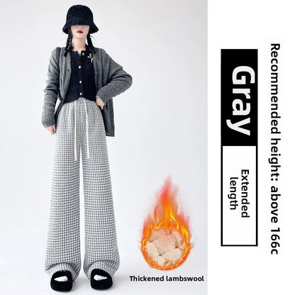High Waist Wide Leg Pants Women's Autumn Winter New Style Lazy Casual Fleece Woolen Plaid Trousers Fashionable Comfortable