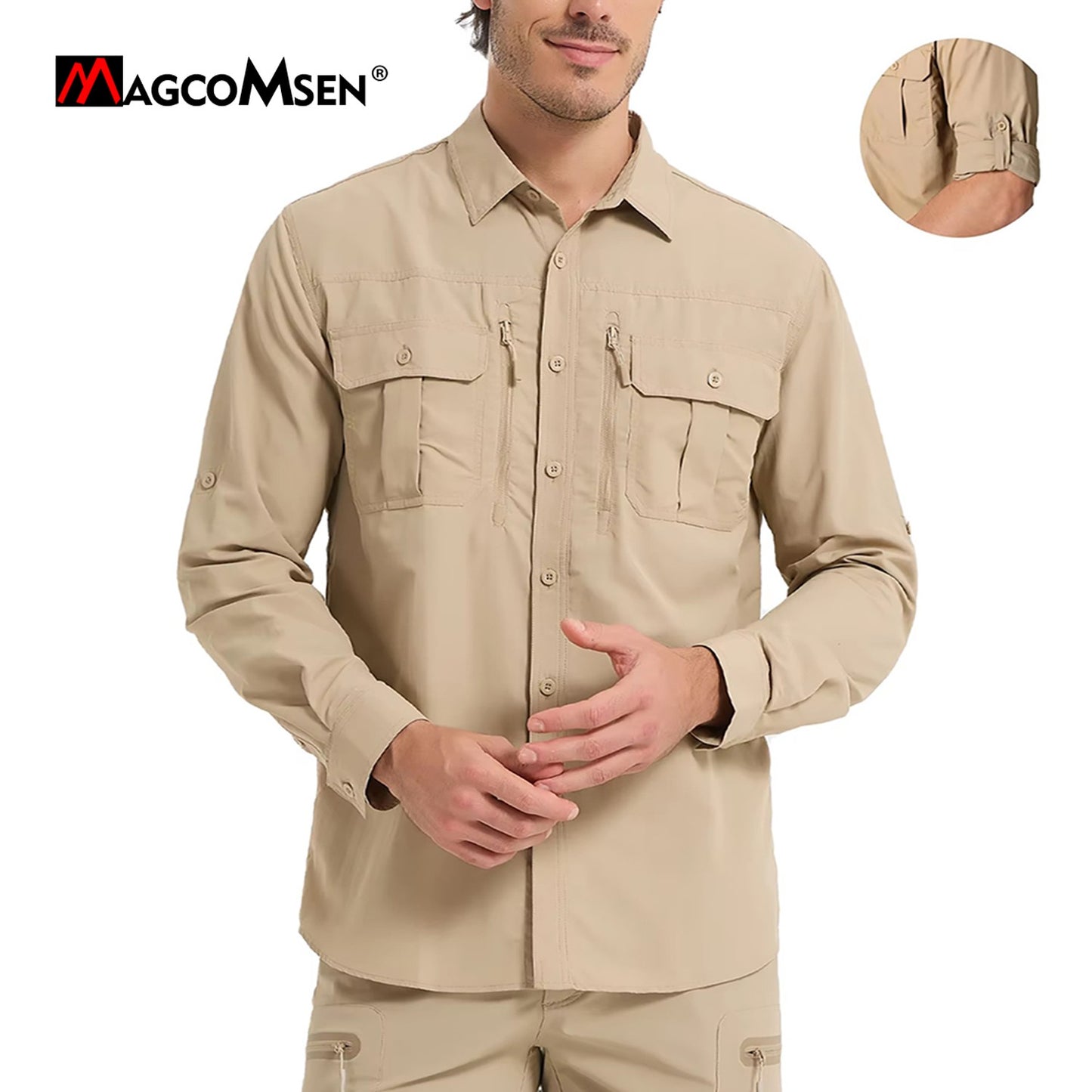 MAGCOMSEN UPF 50+ Mens Quick Dry Cargo Shirts Mesh Breathable Long Sleeve Work Shirts UV block Outdoor Hiking Fishing Shirts