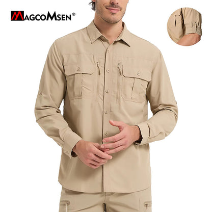 MAGCOMSEN UPF 50+ Mens Quick Dry Cargo Shirts Mesh Breathable Long Sleeve Work Shirts UV block Outdoor Hiking Fishing Shirts