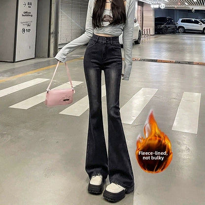 High Waist Fce Lined Thiened Autumn Winter American Bla ey Micro Flared Jeans Women Slimming Legging  Hoof Pants