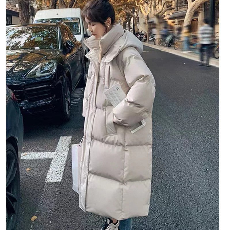 Long Thickened Down Cotton Bread Style Coat Women's Winter 2025 Outerwear Korean Loose Long Knee Length Solid Hooded Jacket
