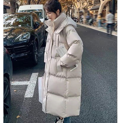 Long Thickened Down Cotton Bread Style Coat Women's Winter 2025 Outerwear Korean Loose Long Knee Length Solid Hooded Jacket