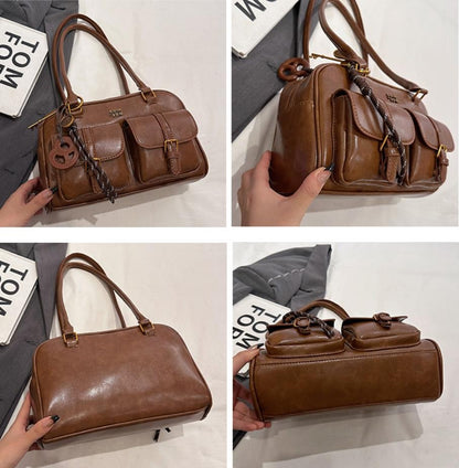 Women's Coffee Brown Multi-Pocket Handbag Shoulder Bag, Stylish Versatile Letter Crossbody Purse for Travel Work Shopping Dates