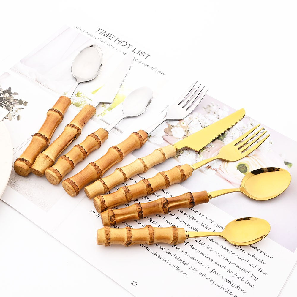 Drmfiy Teaspoon Dinnerware Set Stainless Steel 4/6/10Pcs Coffee Spoons Cutlery Set Kitchen Bamboo Handle Golden Tableware Set