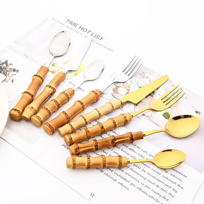 Drmfiy Teaspoon Dinnerware Set Stainless Steel 4/6/10Pcs Coffee Spoons Cutlery Set Kitchen Bamboo Handle Golden Tableware Set