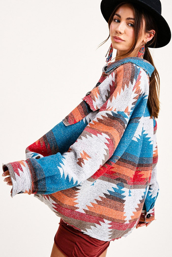 Vintage Jacket Women Splicing Loose Jacket Denim Print Aztec Retro Ethnic Style Long Sleeved Shirt Streetwear Female Goth Coat