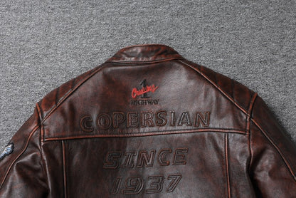 Fashionable Men's Motor Jacket Genuine Cow Leather Coat Male Outerwear Windbreaker Spring Autumn Cloth with Epaulet Brown