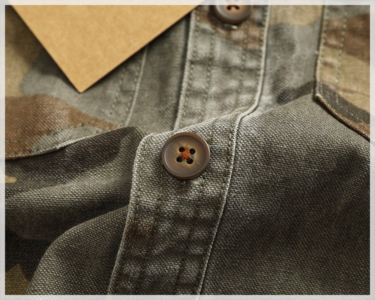 2024 Autumn and Winter New American Retro Woven Camouflage Cargo Shirt Men's 100% Cotton Washed Old Double Pockets Thin Jacket