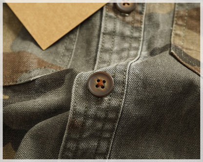 2024 Autumn and Winter New American Retro Woven Camouflage Cargo Shirt Men's 100% Cotton Washed Old Double Pockets Thin Jacket