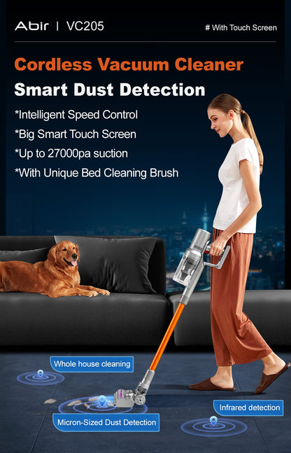 Aspirador de Pó Portátil Sem Fio ABIR VC205, 27000PA, Tela Sensível ao Toque, Sensor de Poeira Inteligente, Controle Automático de Velocidade para Limpeza de Casa, Cama e Tapete