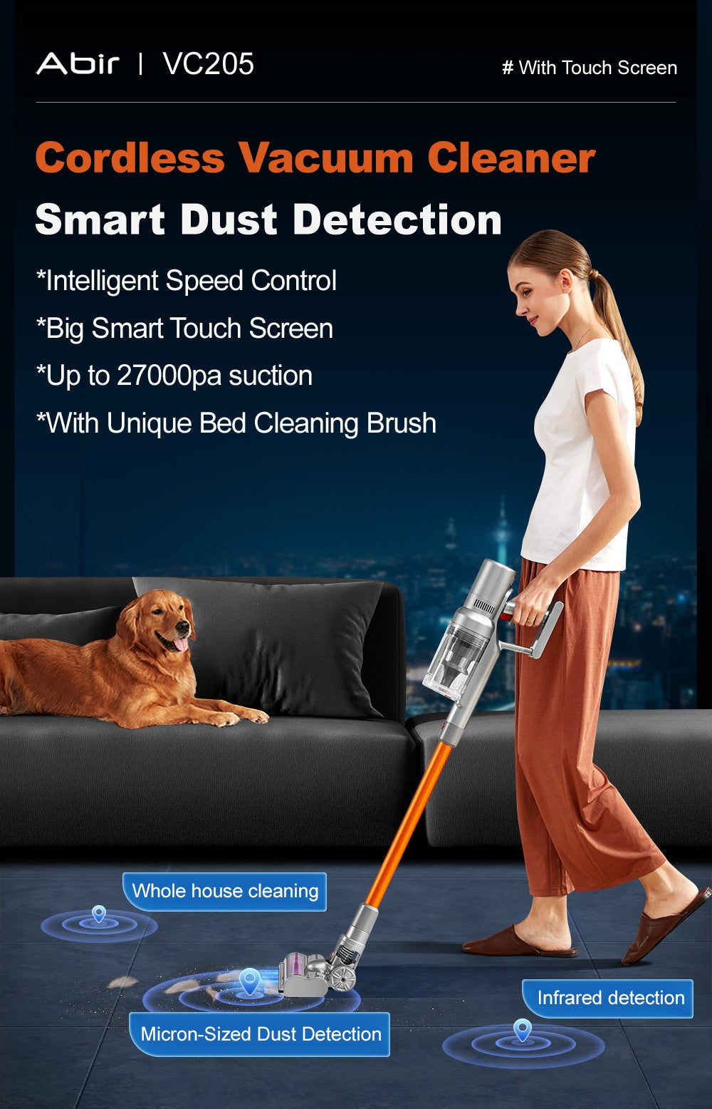 ABIR VC205 Aspirador de Pó Portátil Sem Fio, 27000PA, Tela Sensível ao Toque, Sensor Inteligente de Poeira, Controle Automático de Velocidade para Limpeza de Casa, Cama e Carpete